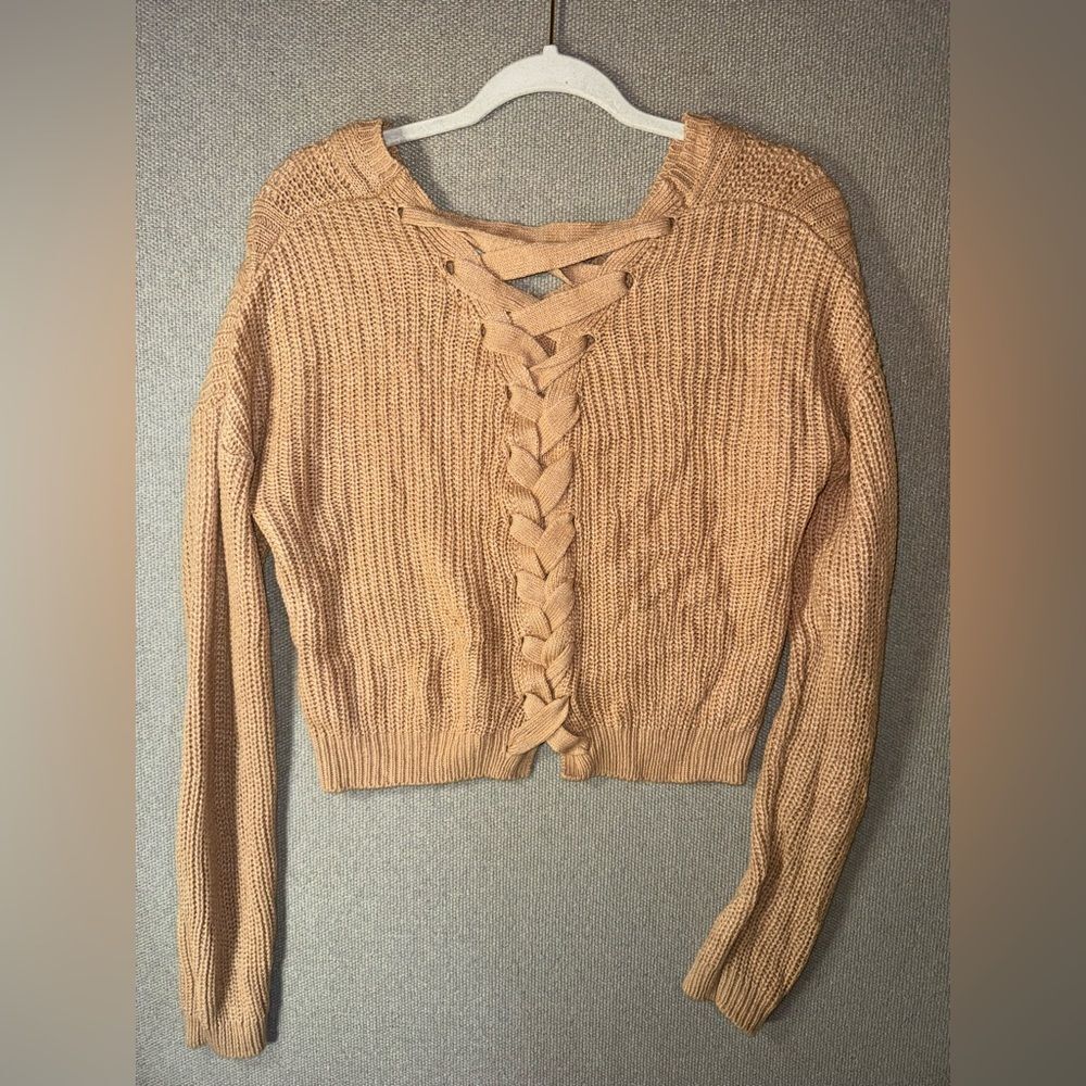 Derek Heart size medium v neck orange Beige Knit braided back Sweater